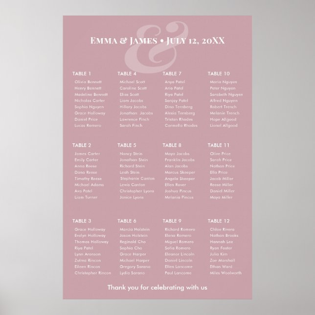 REVERSE Mauve Ampersand Hochzeit | 12 Sitzplan Poster (Vorne)