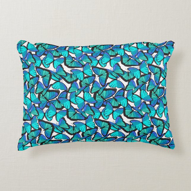 Reversible Bright Blue Butterflies Nattern Muster Dekokissen (Vorderseite)