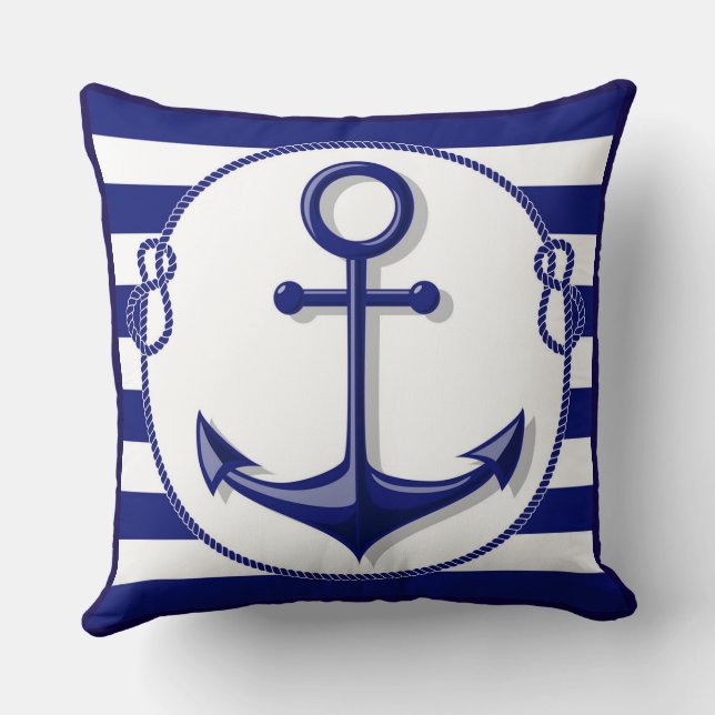 Reversible Marine Blue White Anker and Rope Frame Kissen (Rückseite)