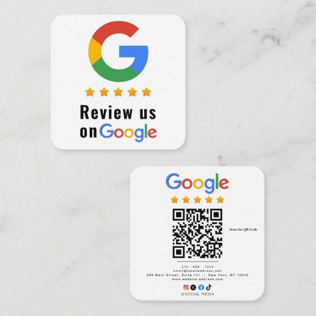 Review Google Review QR Code Google Ratings Quadratische Visitenkarte (Vorne/Hinten)