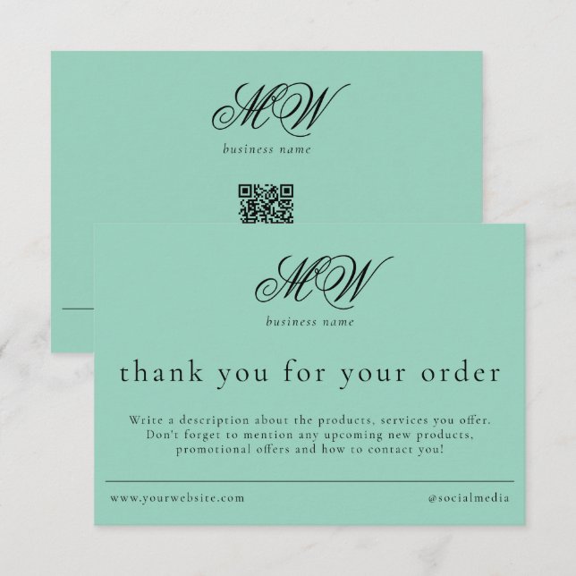 Review Order Packaging Insert Script Monogram Teal Dankeskarte (Vorne/Hinten)