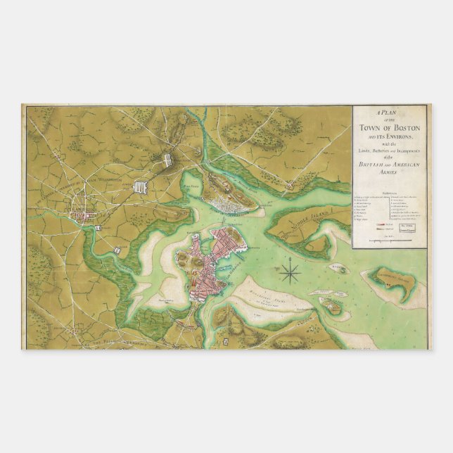 Revolutionäre Kriegs-Karte Bostons Massachusetts Rechteckiger Aufkleber (Vorderseite)