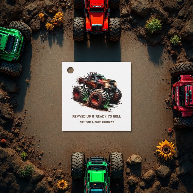 "Revved Up & Ready to Roll" Monster Truck Geburtst Geschenkanhänger (“Revved Up & Ready to Roll” Monster Truck Birthday Favor Tags)