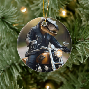 **"Revved Up Rex: T-Rex in Leathers on a Motorbike Keramik Ornament