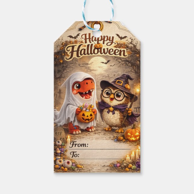 Rex and hoot Halloween ghost dinosaur in which owl Geschenkanhänger (Vorderseite)