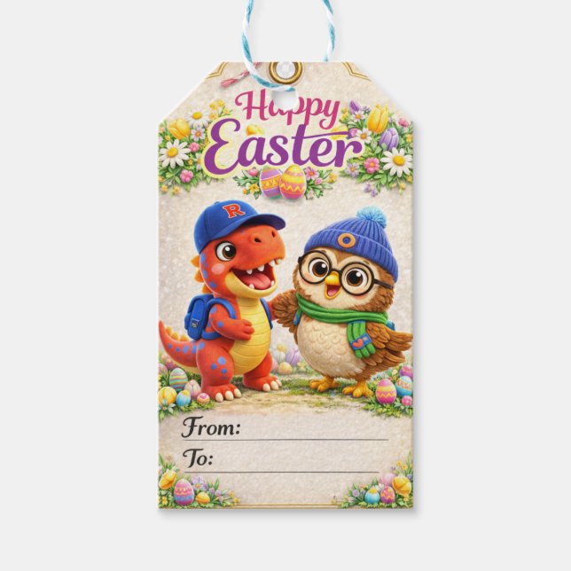 Rex und Eule frohe Ostern Dinosaurier und Eulenges Geschenkanhänger (Vorderseite)