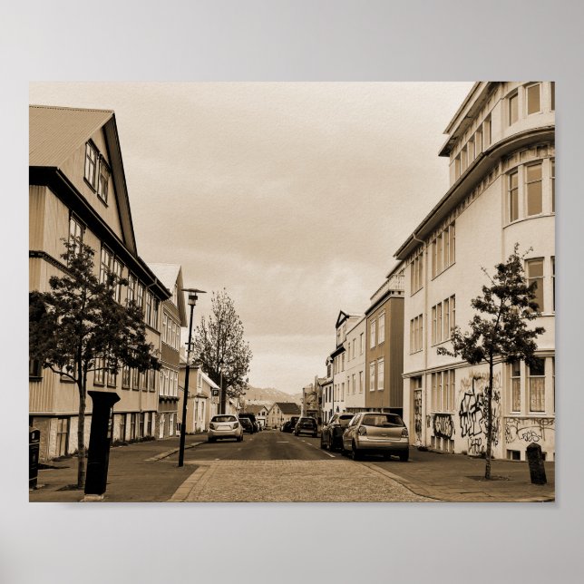 Reykjavik Iceland Street Scene Sepia Poster (Vorne)