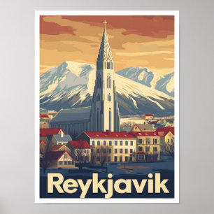 Reykjavik Island Art Vintage Travel Illustration Poster