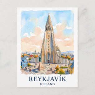 Reykjavik Island Kirche Wasserfarbe Skyline Reise Postkarte