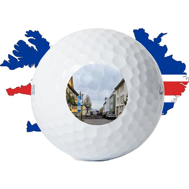 Reykjavik Island Street Scene Fotografie Golfball (A golf ball with a photograph of a city street in Reykjavik, Iceland.  Mount Esja can be seen.)