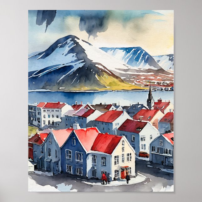 Reykjavik Isländische Wasserfarbe Poster (Vorne)