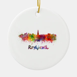 Reykjavik Skyline in Aquarellon Keramikornament