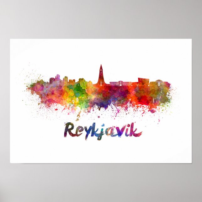 Reykjavik Skyline in Aquarellon Poster (Vorne)