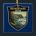 Reynisfjara Beach Island Reisen Vintag Keramikornament<br><div class="desc">Reynisfjara in einem Vektor Art Stil. Reynisfjara ist ein weltberühmter schwarzer Sandstrand an der Südküste Islands,  direkt neben dem Vik í Myrdal.</div>