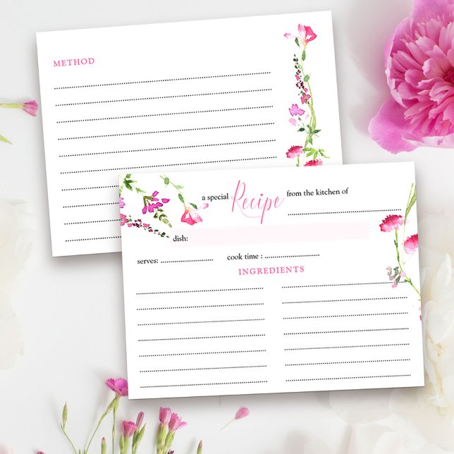 Rezept Card Feminine Pink Wildblume Brautparty Postkarte (Pretty recipe card from my Pink Wildflower Collection. Message me for co-ordinating items.)