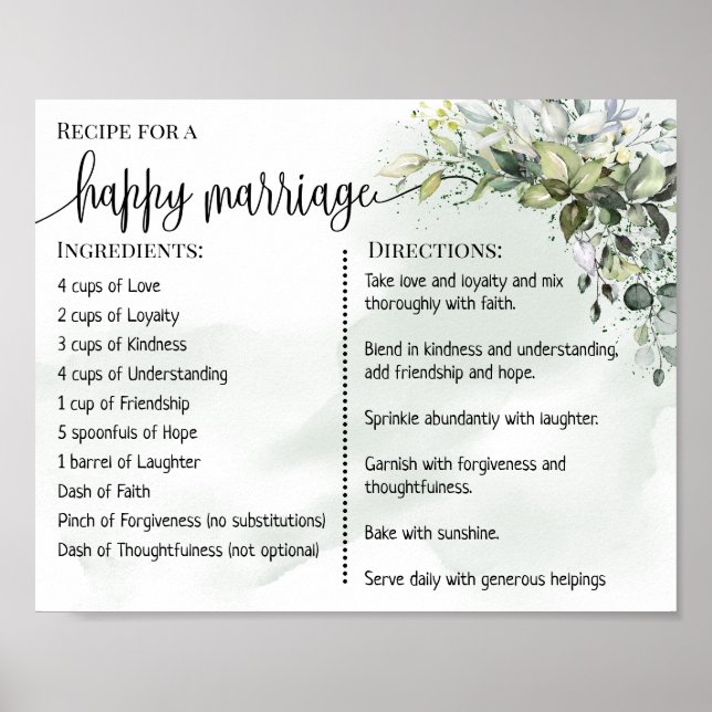 Rezept für eine glückliche Ehe Neuvermählte Eukaly Poster (Vorne)