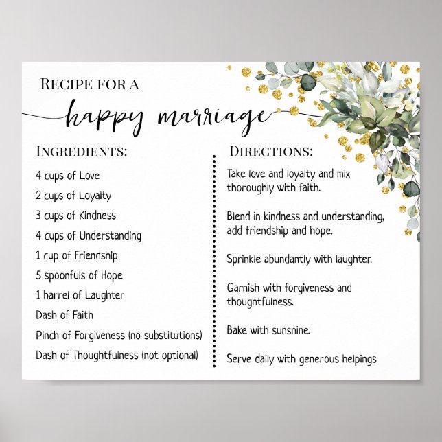 Rezept für eine glückliche Ehe Newlyweds Eukalyptu Poster (Vorne)