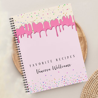 Rezept für rosa Vanille-Frosting-Tropf und Streuse Notizbuch