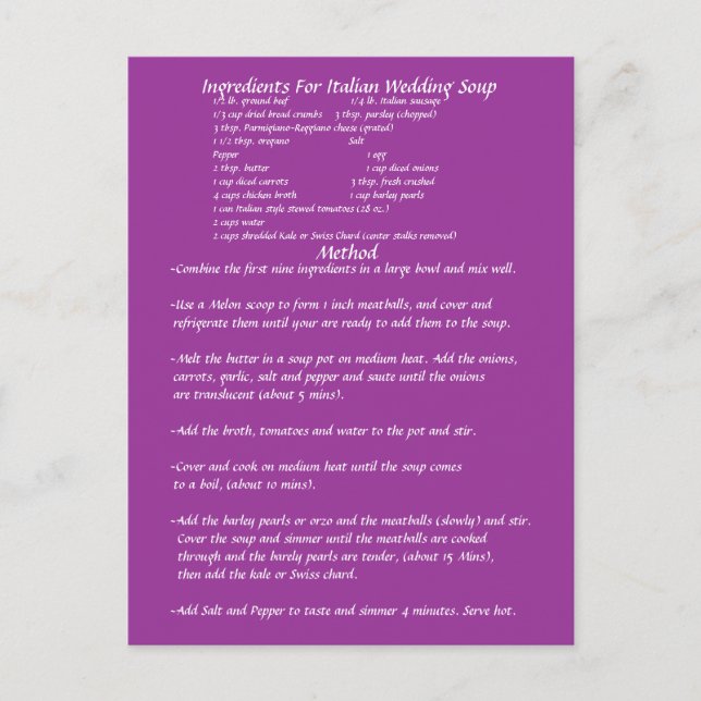 Rezept-Karte für Hochzeitsuppe Postkarte (Vorderseite)