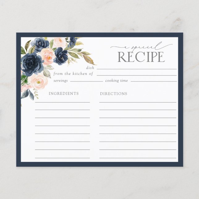 Rezept-Karte für Navy Blue & Blush Floral Dusche (Vorderseite)