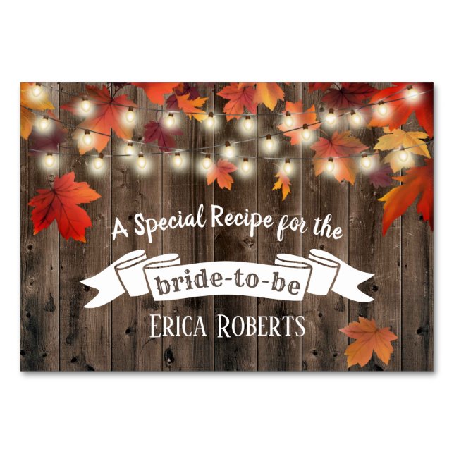 Rezept-Karte | Rustikales Herbstleaves Brautparty Tischnummer (Vorderseite)