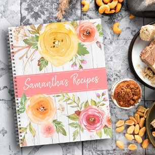 Rezept-Kochbuch, Aquarell-Blumen auf rustikalem Ho Notizbuch