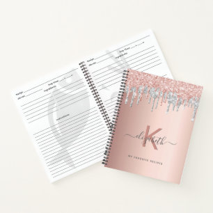 Rezept Kochbuch Monogramm Glitzer Rose Gold Silber Notizbuch