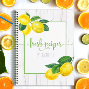 Rezept Kochbuch Zitrone Aquarell Weißes rustikales Notizbuch