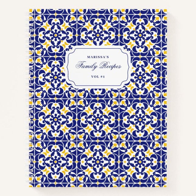 Rezepte für mediterrane Fliesen Blau und Gelb Notizbuch (Vorderseite)