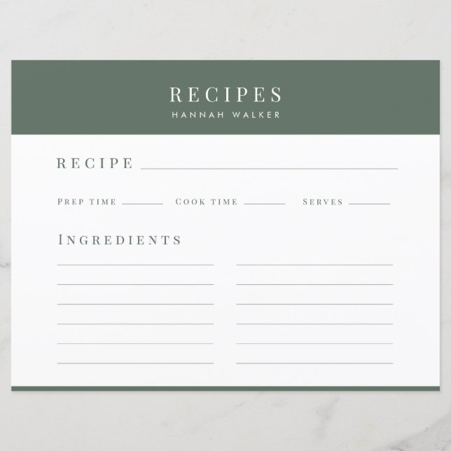 Rezepte | Minimale Eleganwald Grüne Rezept Karte (Vorderseite)