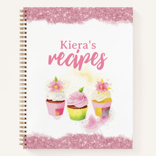 Rezepte Rosa Glitzer Cupcake Personalisiertes Note Notizbuch (Vorderseite)