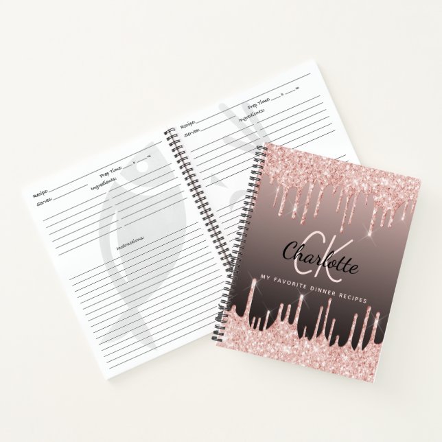 Rezepte Rose Gold Tropfen schwarz Monogramm Notizbuch (Innenseite)