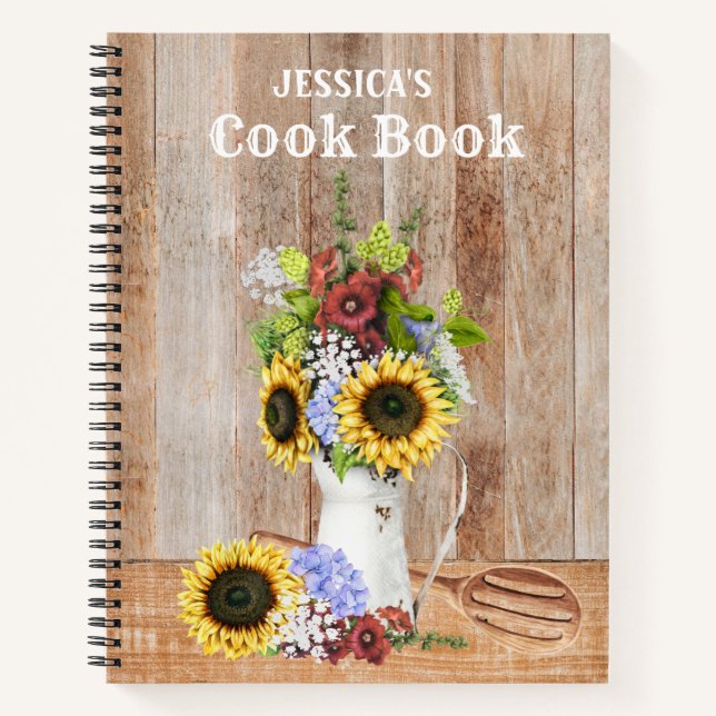 Rezepte Rustikale Küche Sonnenblumen Holz Monogram Notizbuch (Vorderseite)