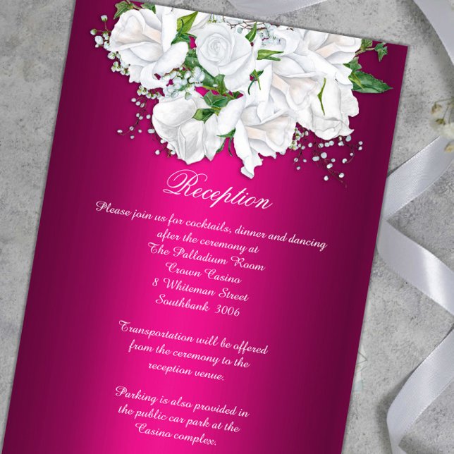 Rezeption: White Roses Boho Fuchsia Pink Hochzeit Begleitkarte (Von Creator hochgeladen)