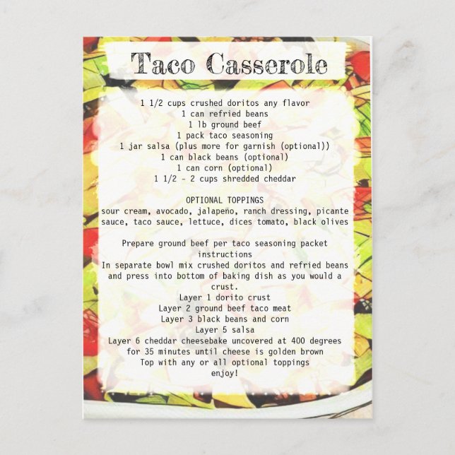 Rezeptkarte für Taco casserole Postkarte (Vorderseite)