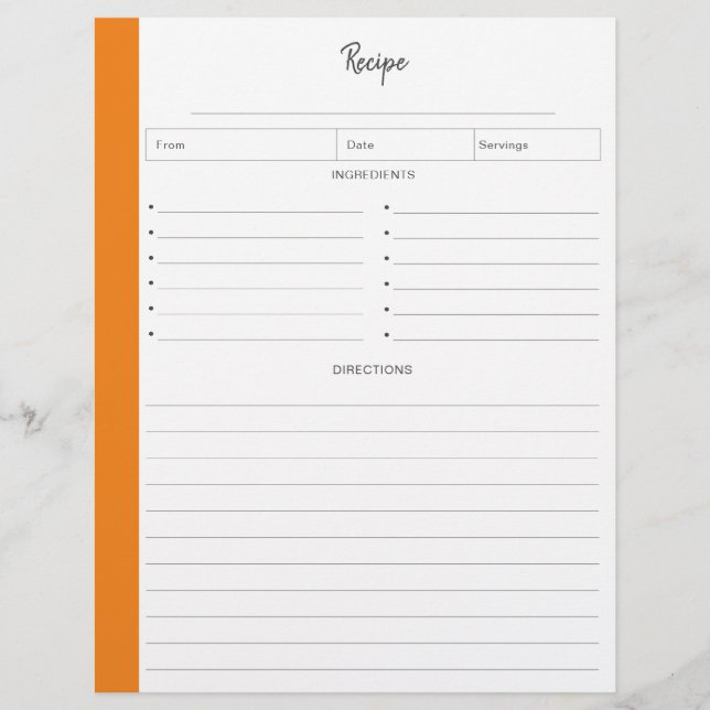 Rezeptseiten in orangefarbenem Buchstabenformat (Vorderseite)