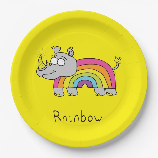 Rhinbow Rhino-Regenbogen-Papier-Teller-Gelb Pappteller (Vorderseite)