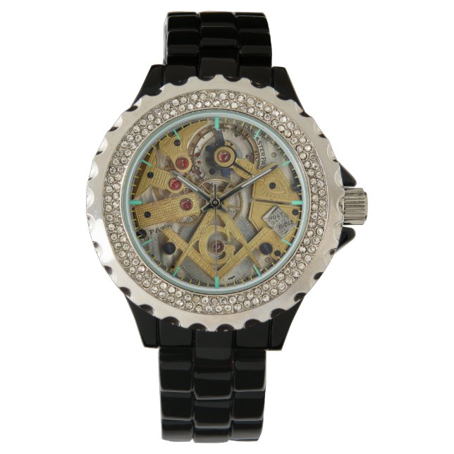 Rhinestone avec Black Enamel montre squelette maço (devant)