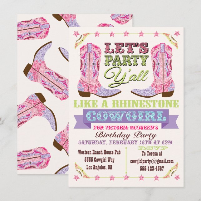 Rhinestone Cowgirl Anniversaire Invitations (Devant / Derrière)