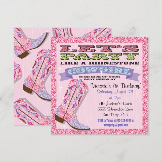 Rhinestone Cowgirl Anniversaire Invitations (Devant / Derrière)