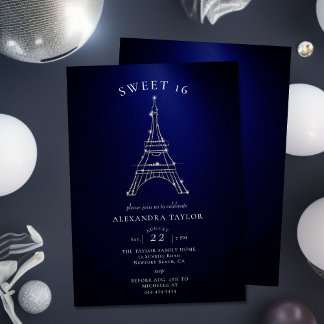 Rhinestones Eiffel Paris Navy Minimal Sweet 16 Einladung