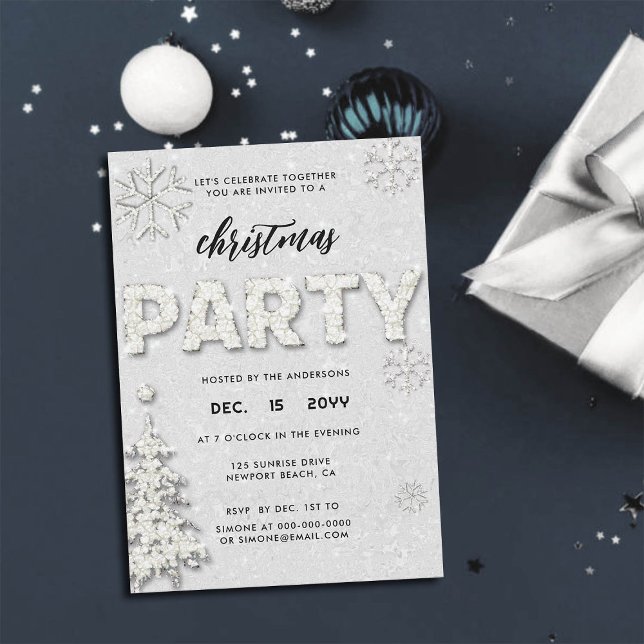 Rhinestones élégants Noël Fête Invitation (rhinestones christmas party invitation glitter snowflakes tree black white festive classy bling chic)