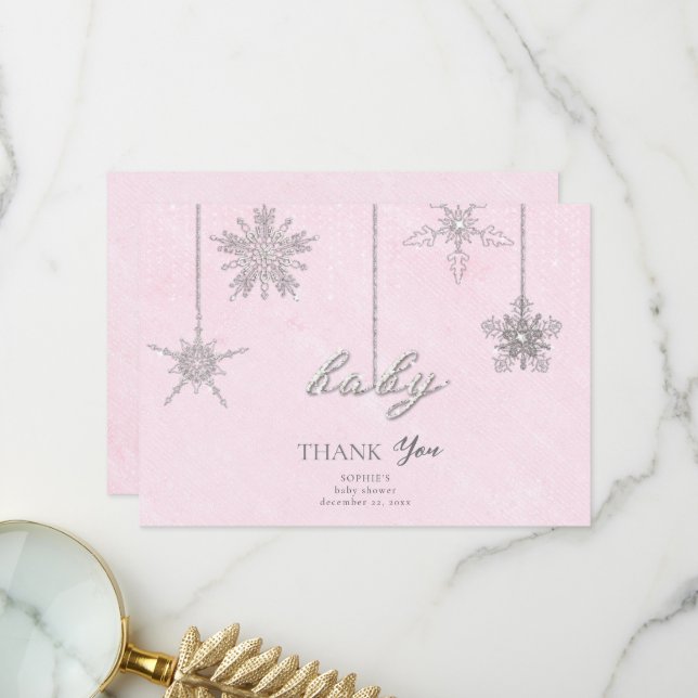Rhinestones Glitzer Schneeflocken Pink Winter Baby Dankeskarte (Vorderseite/Rückseite Beispiel)