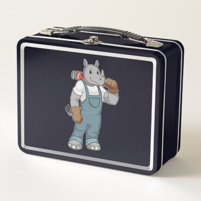 Rhino als Handyman mit Wasserpumpenzange Metall Brotdose (Vorderseite)