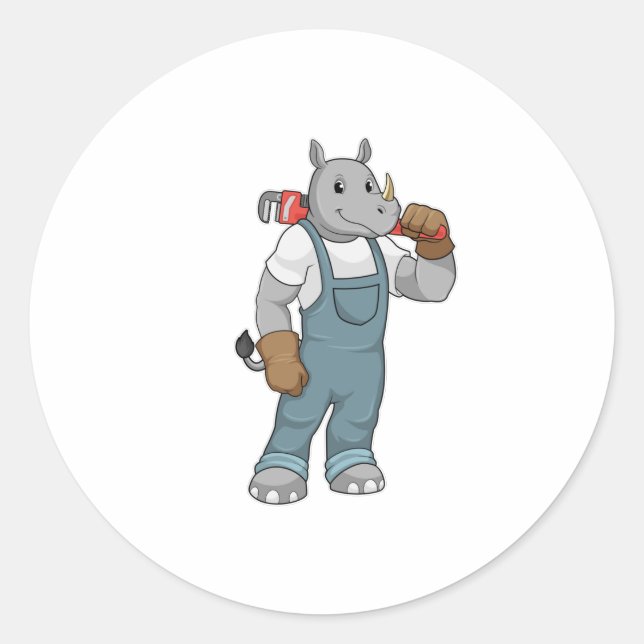 Rhino als Handyman mit Wasserpumpenzange Runder Aufkleber (Vorderseite)