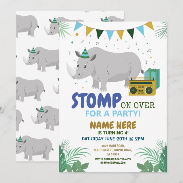 Rhino Anniversaire de enfant Animal Fun Invitation (Devant / Derrière)