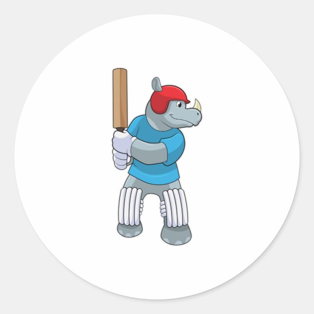 Rhino auf Cricket mit Cricket-Fledermaus Runder Aufkleber (Vorderseite)
