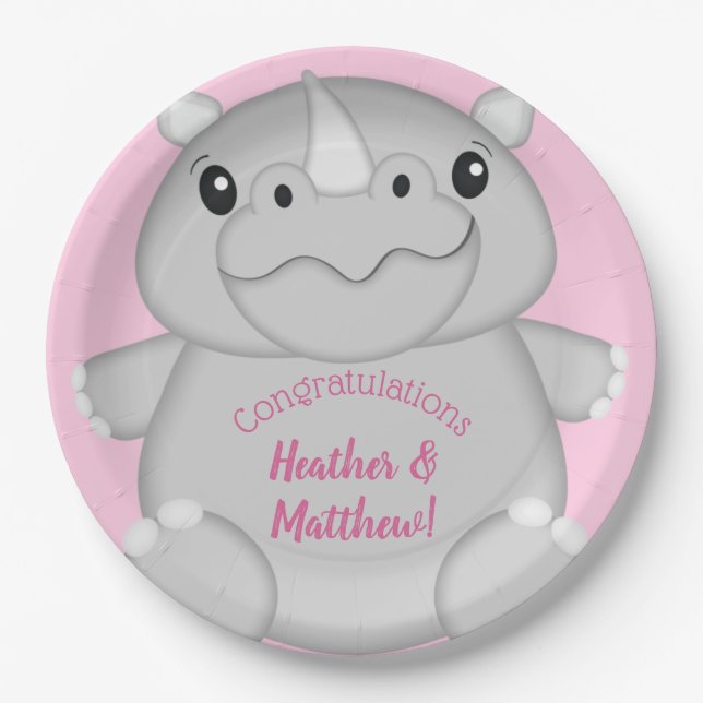 Rhino Baby Dusche Pink Pappteller (Vorderseite)