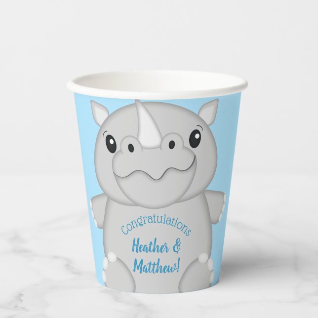 Rhino Baby Shower Blue Pappbecher (Vorderseite)