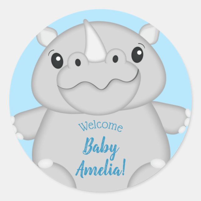 Rhino Baby Shower Blue Runder Aufkleber (Vorderseite)
